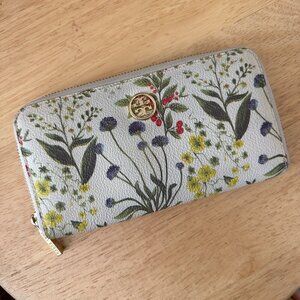 Tory Burch Robinson Botanical Floral Print Continental Zip Around Wallet Leather